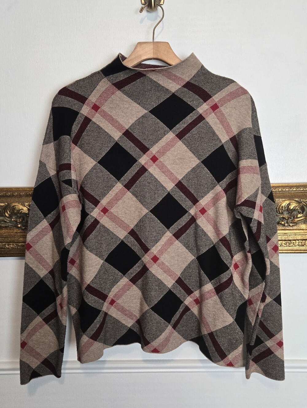 Rachel Zoe Size XL Nova Check Plaid Crewneck Sweater Beige Black Burberry-style